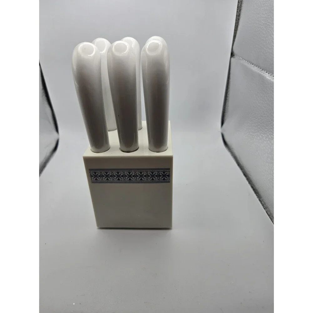 Vintage 6 Butter Cheese Knives White Blue Ceramic Handles Taiwan W Knife Holder